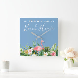Waterverf Tropische Floral Familie Beach Blue Vierkante Klok