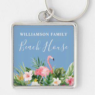 Waterverf Tropische Floral Family Beach House Blue Sleutelhanger