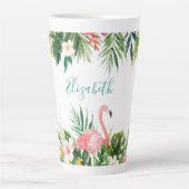 Waterverf Tropische Floral Flamingo Blauwgroen Gro Latte Mok (Voorkant)