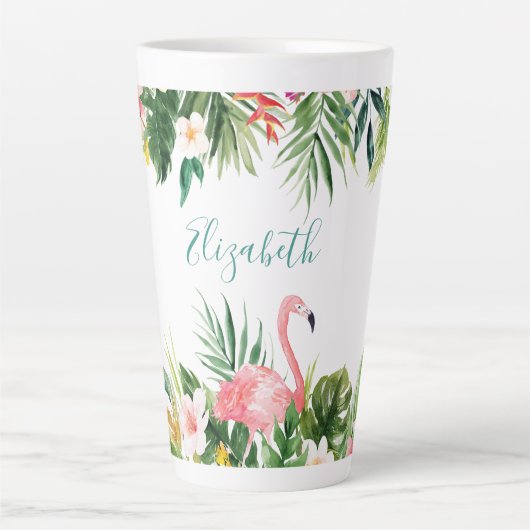 Waterverf Tropische Floral Flamingo Blauwgroen Gro Latte Mok (Voorkant)