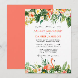 Waterverf Tropische Floral Flamingo Wedding Coral Kaart