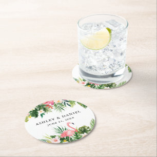 Waterverf Tropische Floral Flamingo Wedding Ronde Kartonnen Onderzetter