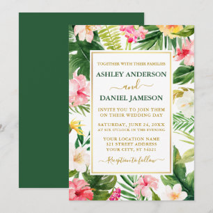 Waterverf Tropische Floral Green Gold Wedding Kaart