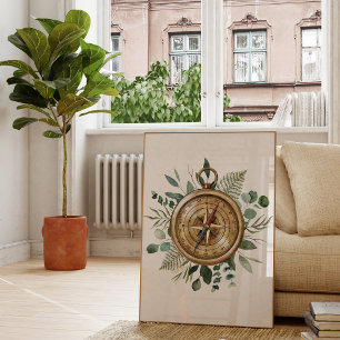 Waterverf Tropische Groene Bladeren Natuur Kompas Poster