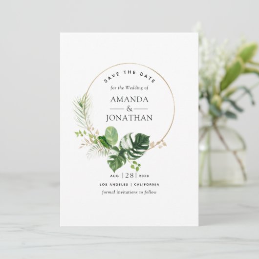 Waterverf Tropische Groene Strand Bruiloft Save The Date (Staand voorkant)