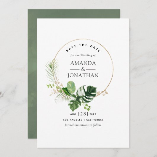 Waterverf Tropische Groene Strand Bruiloft Save The Date (Voorkant / Achterkant)