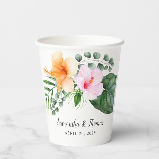 Waterverf Tropische Hibiscus en Bladgroen Papieren Bekers (Achterkant)