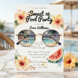 Waterverf Tropische Hibiscus Sweet 16 Zwembadfeest Kaart