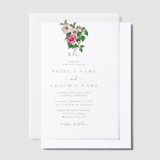 Waterverf Tropische Hibiscus Zomerbruiloft Vellum Uitnodigingen (Offset)