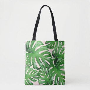 Waterverf Tropische Monstera bladeren met roze pat Tote Bag