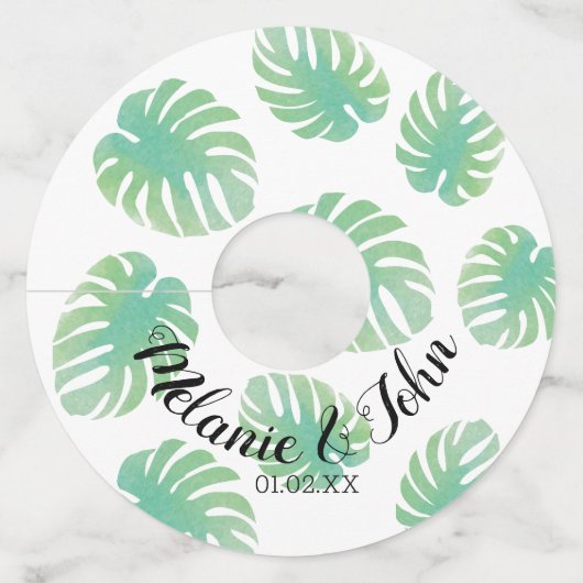 Waterverf Tropische Monstera Leaves - Enkele naam Wijnglaslabel (Voorkant)