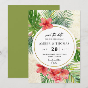 Waterverf Tropische naaldverpakking met datumkaart Save The Date