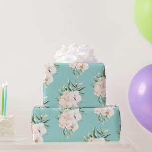 Waterverf Tropische Orchideeën en Palm op Blauwgro Cadeaupapier