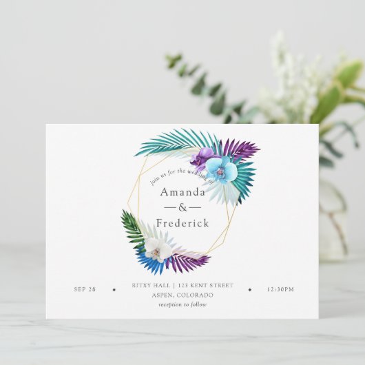 Waterverf Tropische orchideeën Geometrische bruilo Kaart (Staand voorkant)