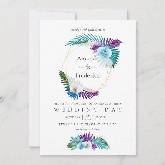 Waterverf Tropische orchideeën Geometrische bruilo Kaart (Voorkant)