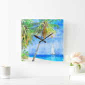 Waterverf Tropische palmboom Vierkante Klok (Huis)