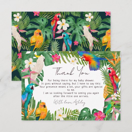 Waterverf tropische parrots baby shower bedankkaart (Voorkant / Achterkant)