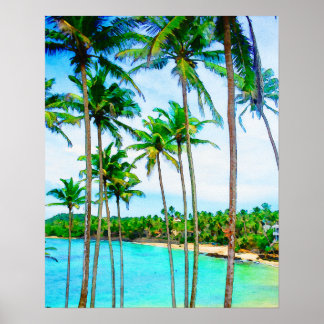 Waterverf Tropische strand palmbomen oceaan Poster