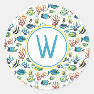 Waterverf tropische vissen monogram ronde sticker