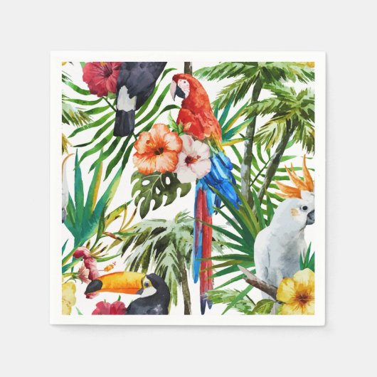 Waterverf tropische vogels en bladpatroon servetten (Voorkant)