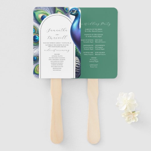 Waterverf Trouwprogramma's Peacock Handwaaier (Voorkant en achterkant)