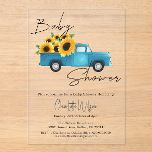 Waterverf Truck met Zonnebloemen Baby shower Acryl Uitnodigingen