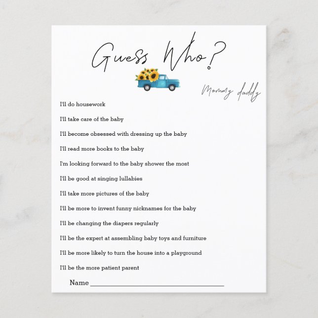 Waterverf Truck met Zonnebloemen Guess Who Game (Voorkant)