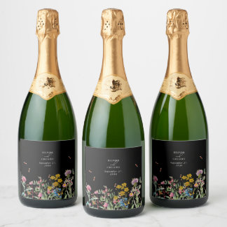 Waterverf Tuin Bruiloft Zwart Boho Sparkling Wijnetiket
