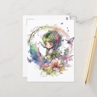 Waterverf Tuin Meisje - Groen Haar Briefkaart