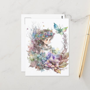 Waterverf Tuin Meisje - Vlinder Briefkaart