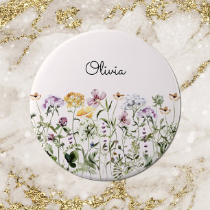 Waterverf Tuin met Wilde Bloemen en Monogram Ronde Button 6,0 Cm
