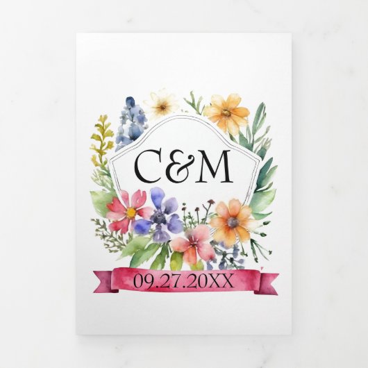 Waterverf Tuin Poort Wildbloemen Bruiloft QR Code Drieluik Uitnodiging (Cover)