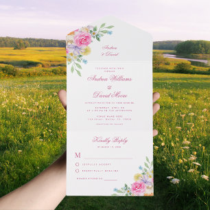 Waterverf Tuin Thee Party Roze Bloemen Bruiloft All In One Uitnodiging