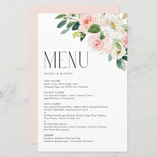 Waterverf Tuinbloemen Bruiloft Menu Kaart (Voorkant / Achterkant)