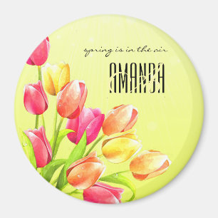 Waterverf Tulips Bouquet Monogram Magneet