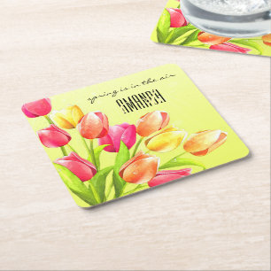 Waterverf Tulips Bouquet Monogram Vierkante Kartonnen Onderzetter