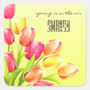 Waterverf Tulips Bouquet Monogram Vierkante Sticker