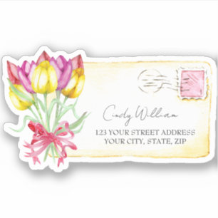 Waterverf Tulpen Briefkaart Stempel Adres Sticker