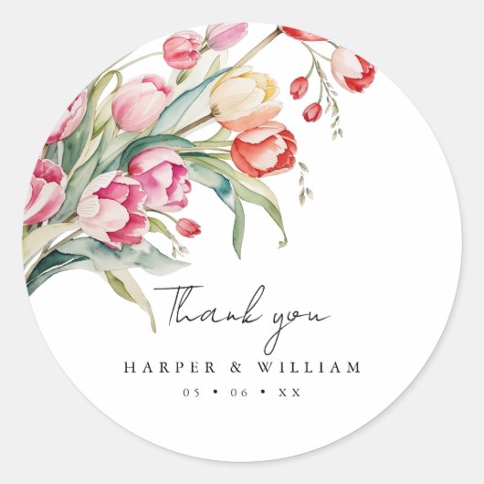waterverf tulpen bruiloft dank u ronde sticker (Voorkant)