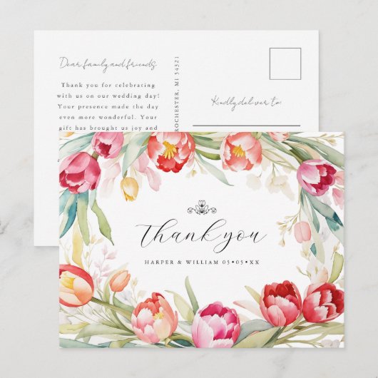 waterverf tulpen lijst bruiloft dank u briefkaart (Voorkant / Achterkant)