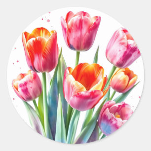 Waterverf tulpen met witte randen ronde sticker
