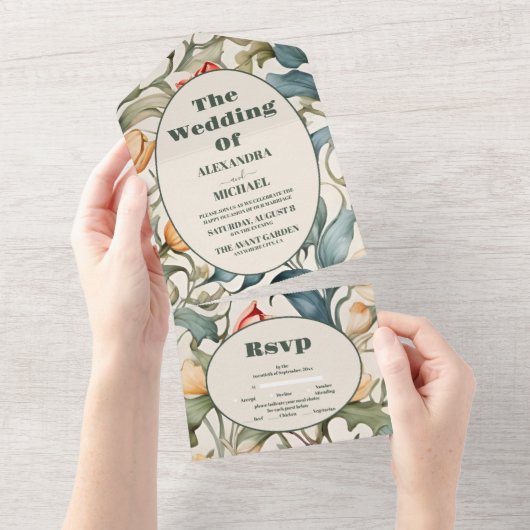 Waterverf Tulpen William Morris Bruiloft All In One Uitnodiging (Afscheurbaar)