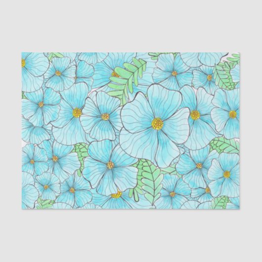 Waterverf Turquoise Blauwe Bloemen en groen Tissuepapier (Voorkant)