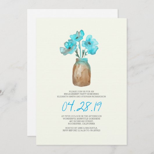 waterverf turquoise bloemen verlovingsfeestje kaart (Voorkant / Achterkant)