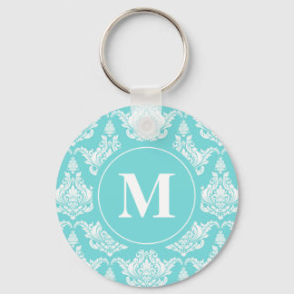 Waterverf Turquoise Damask Monogram Sleutelhanger