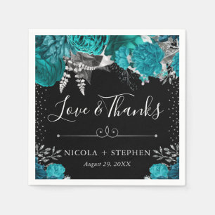 Waterverf Turquoise en Zilveren Bloemen Bruiloft Servet