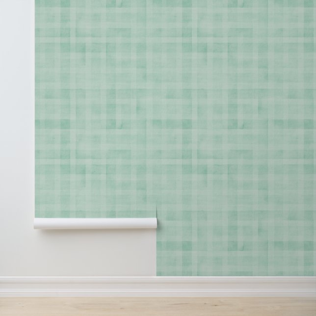  Waterverf Turquoise Groen Gingham Pattern Behang (Applicatie)