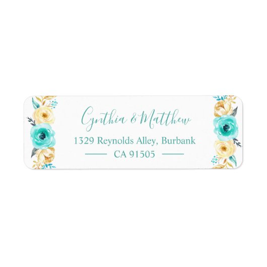 Waterverf Turquoise Mint Gold Floral Etiket (Voorkant)