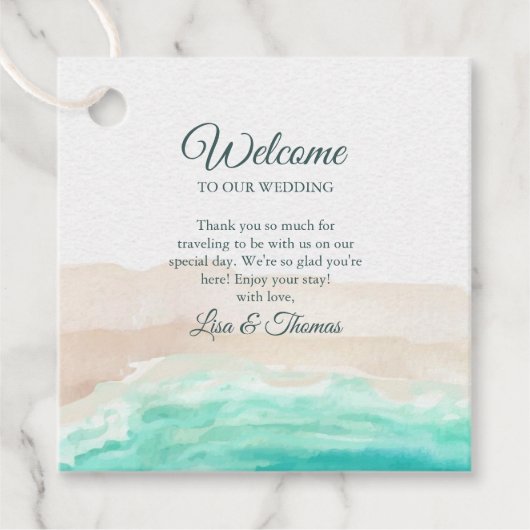 Waterverf Turquoise Sandy Beach Bruiloft Welkom Bedankjes Labels (Voorkant)