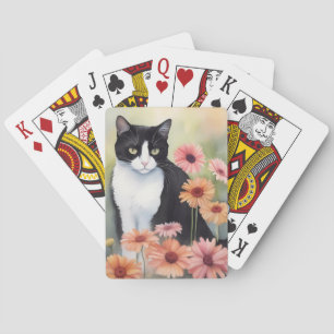 Waterverf Tuxedo Cat met Gerbera Daisy Flowers Pokerkaarten